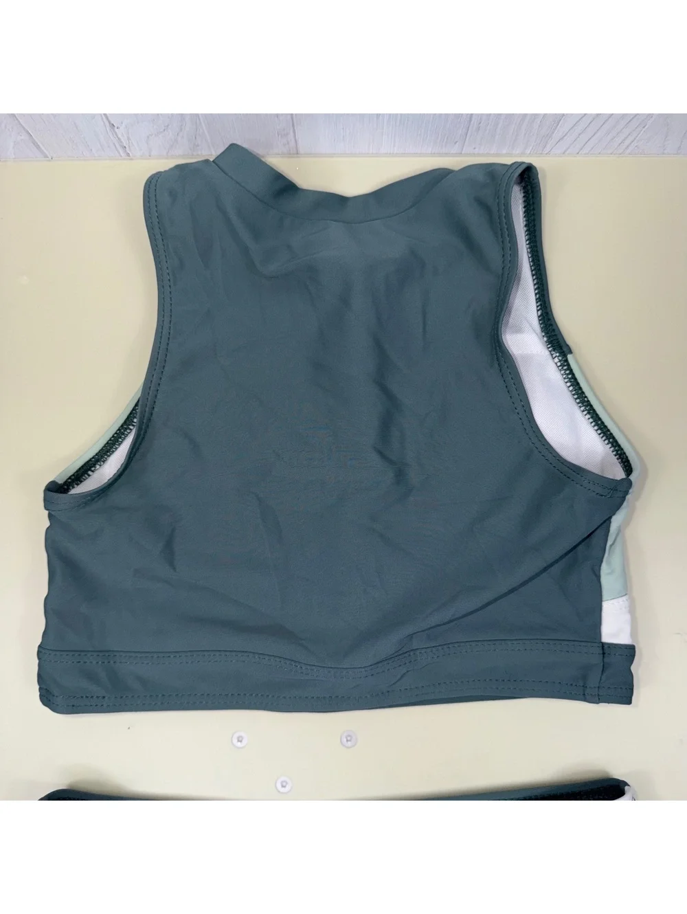 SHEIN Girls Size 8-9 Two Piece Swimsuit Gray Mint White Zip Front Colorblock